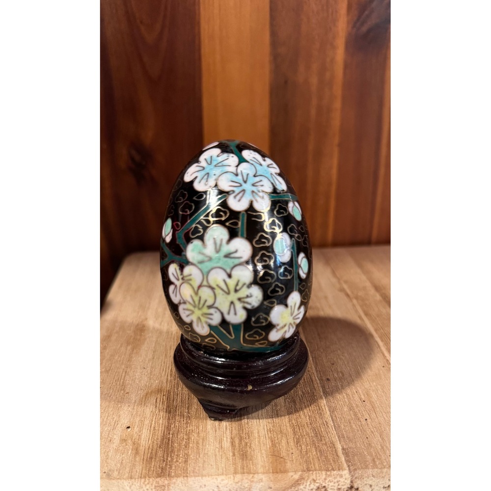 Vintage Cloisonne Egg Black Floral Display Stand Ornate Decorative Art Y1.2 - Picture 3 of 9